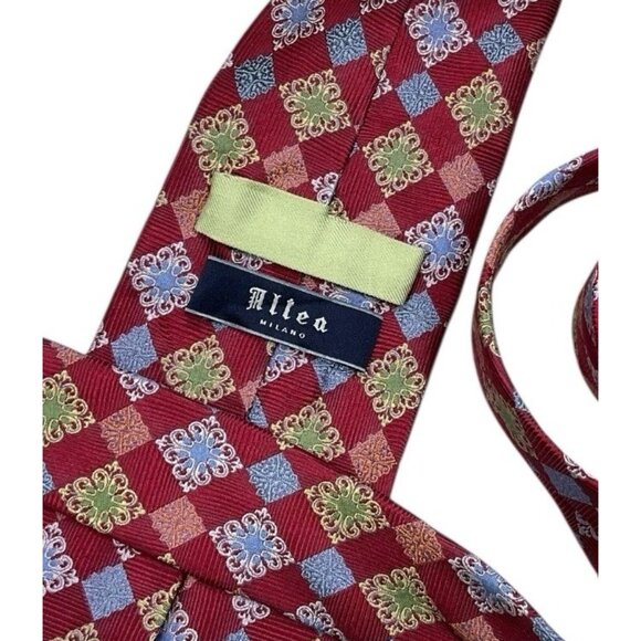 ALTEA Men's 100% Silk Necktie LUXURY XL Burgundy Blue Green Tartan W:3.5" EUC - Picture 2 of 4
